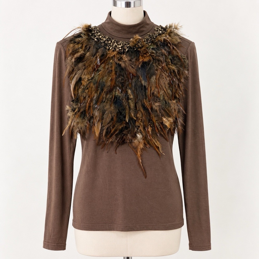 Gracia Feather Embellished Top Olive Gray Avant Garde Statement Blouse Nature